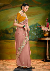 India Silk Light Pink Sarees Crafted From Delicate Tissue Organza Feature Beautiful Embroidery With Traditional Butti